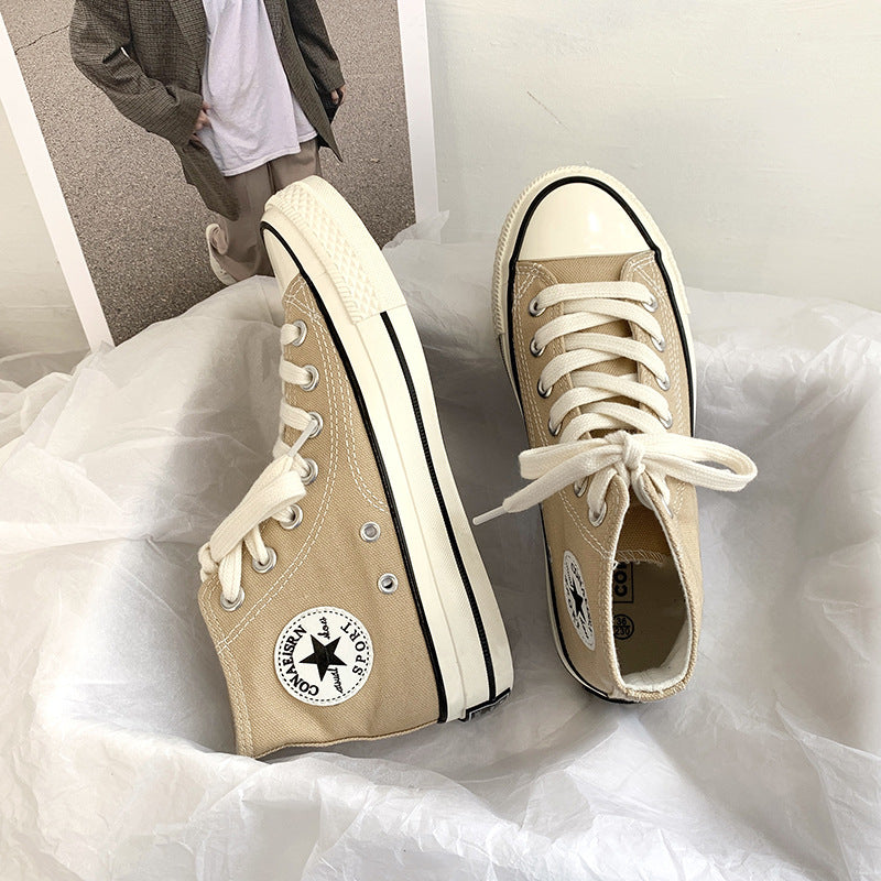 flowersverseSpring Wannian Versatile High-Top Canvas Shoes Women's Korean-Style Ulzzang Preppy Style Board Shoes Hong Kong Style Vintage Fashion Shoes