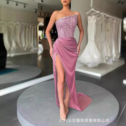FLOWERSVERSE popular New Popular trade new green sequined fairy long sleeveless fashion body temperament medium and long evening dress