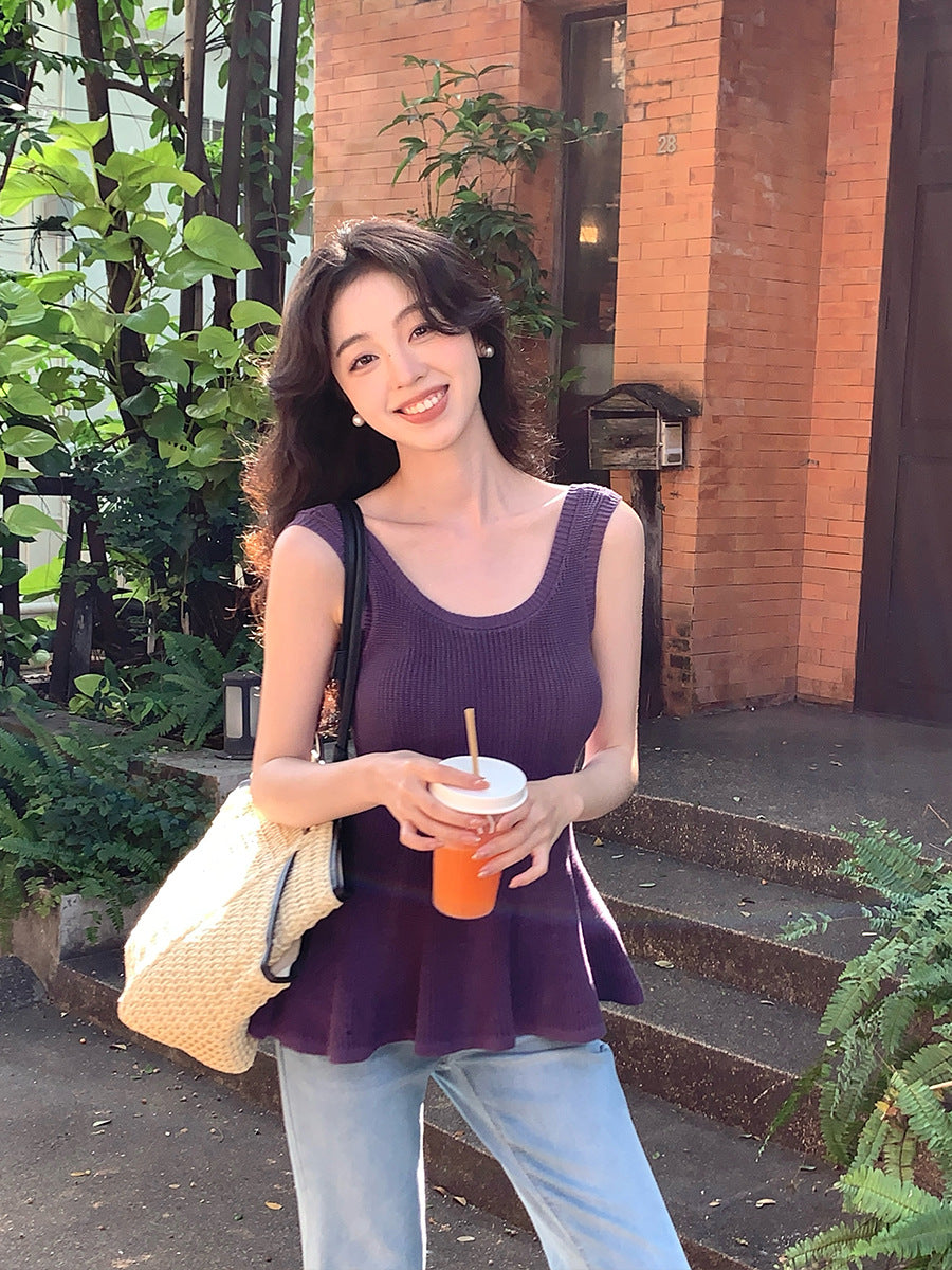 2025 spring and summer new thin temperament versatile solid color fishtail knitted suspender small vest women 25158