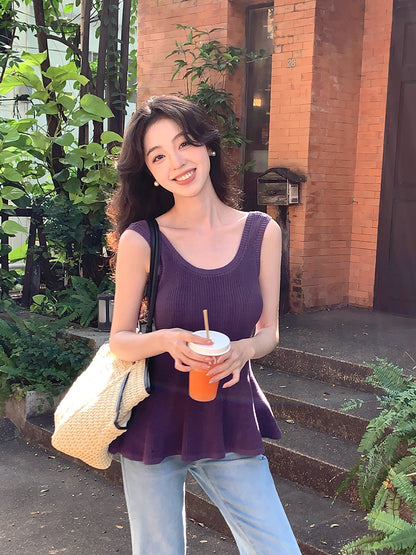 2025 spring and summer new thin temperament versatile solid color fishtail knitted suspender small vest women 25158