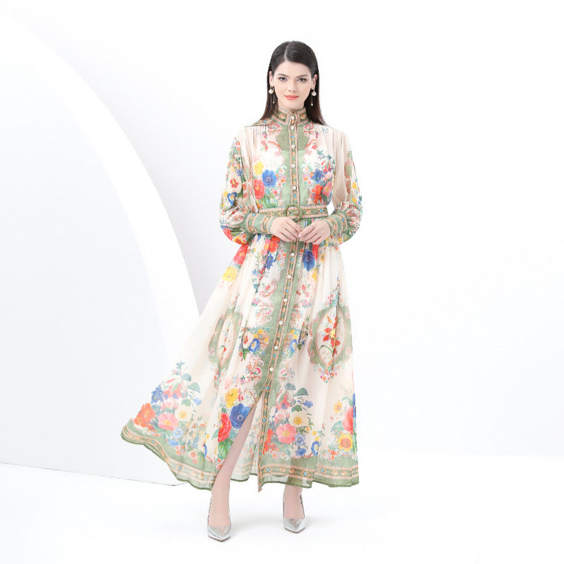 Popular trade women's clothing retro style stand-up collar lantern sleeve wavy edge long printed dress two-piece set