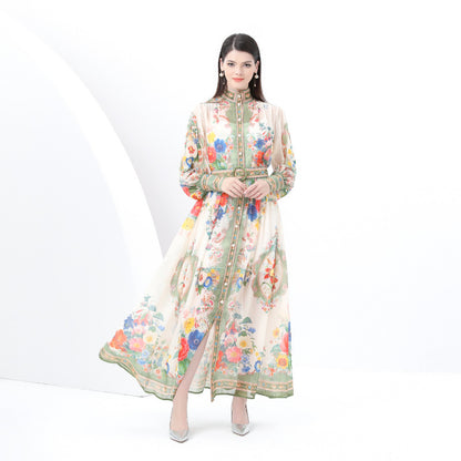 Popular trade women's clothing retro style stand-up collar lantern sleeve wavy edge long printed dress two-piece set