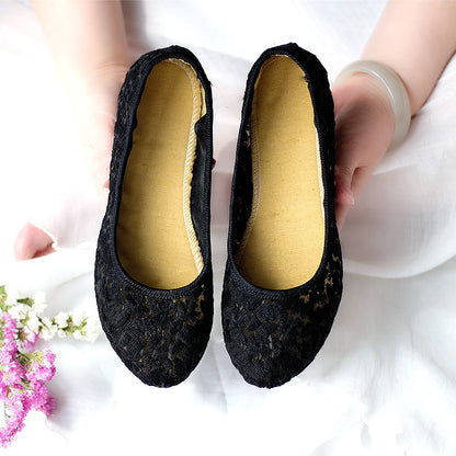 flowersverseOld Beijing Cloth Shoes Breathable Hollow Mesh Surface Shallow Mouth Sandals Women's Single Shoes Flat Heel Flat Pointed Flower Mother Shoes