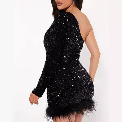 FLOWERSVERSE popular Women's Spring  New Single Shoulder Off-Shoulder Sequin Medium and Long Dress Slant Shoulder Trend Feather Evening Dress