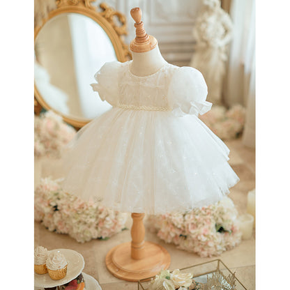 flowersverse One Year Old Celebration Dress Baby Girl High-End Girl Zhuazhou White Princess Dress Little Girl Birthday Host Dress Summer