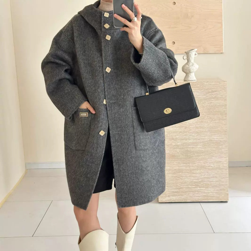 2025 Yak down mulberry silk wool hooded single-row multi-buckle shoulder sleeves extended double-sided woolen cashmere coat autumn and winter