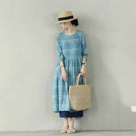 2025 spring and summer dress women's dress round neck loose long dress mint mambo ramie printed long skirt 90709