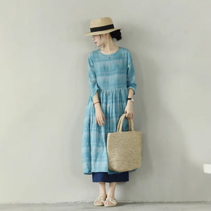 2025 spring and summer dress women's dress round neck loose long dress mint mambo ramie printed long skirt 90709