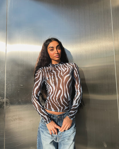 Zebra pattern fashion sexy see-through mesh long-sleeved T-shirt outside wearing female spice girl senior sense thin summer top female