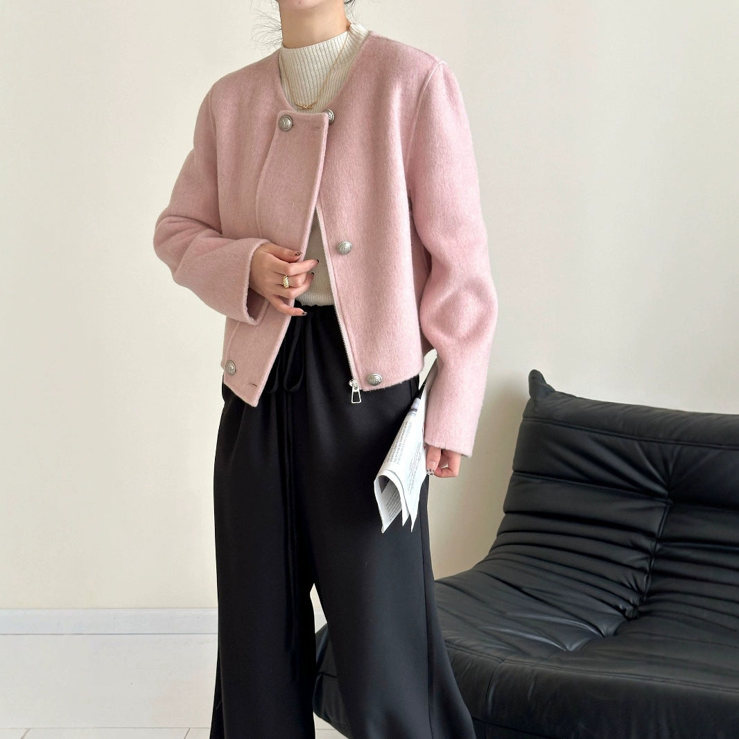 2025 Collarless zipper solid color small short high-end double-sided wool woolen coat jacket women's warm autumn and winter