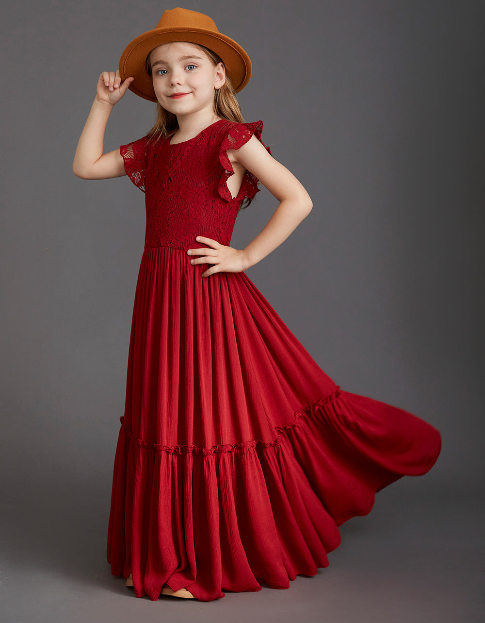 flowersverse New Children's Clothing Girls' Dress Children's Wedding Lace Long Dress Middle and Big Children Host Costume for Piano Performance