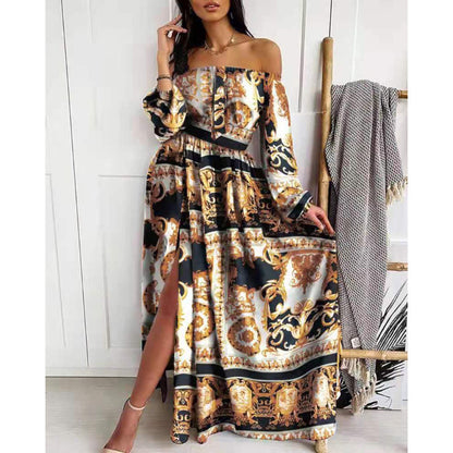 FLOWERSVERSE 2025 New 2025 summer women's dress round neck temperament commuting elastic waist casual pendulum printed skirt