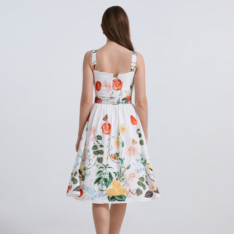 New Popular trade export spring and summer women's clothing new slim and thin pendulum printing medium and long suspender dress