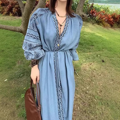 2025 spring new blue denim V-neck retro dress bohemian embroidered loose dress