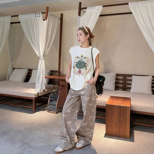 Siyuan high-end temperament cotton flower printing wide-leg pants women's 25 spring and summer comfortable loose casual straight trousers