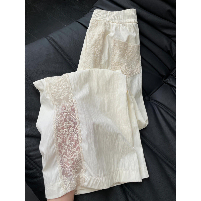 Beige Lace Splicing Casual Pants Women's Summer  New Thin High Waist Skinny Versatile Casual Straight Pants