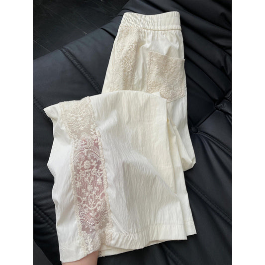 Beige Lace Splicing Casual Pants Women's Summer  New Thin High Waist Skinny Versatile Casual Straight Pants