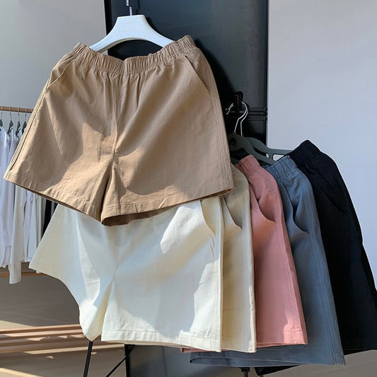 flowersverse Lazy Home Japanese Style Simple Shorts Women's  New Washed Cotton High Waist Elastic Slimming A- line Sports Pants Summer