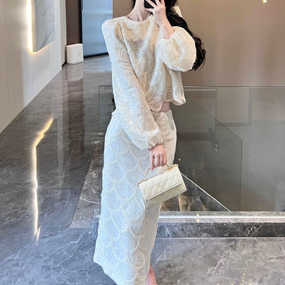 2025 early spring  celebrity heavy industry sequined small fragrant lace top skirt two-piece set