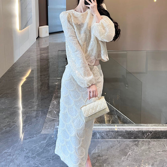 2025 early spring  celebrity heavy industry sequined small fragrant lace top skirt two-piece set