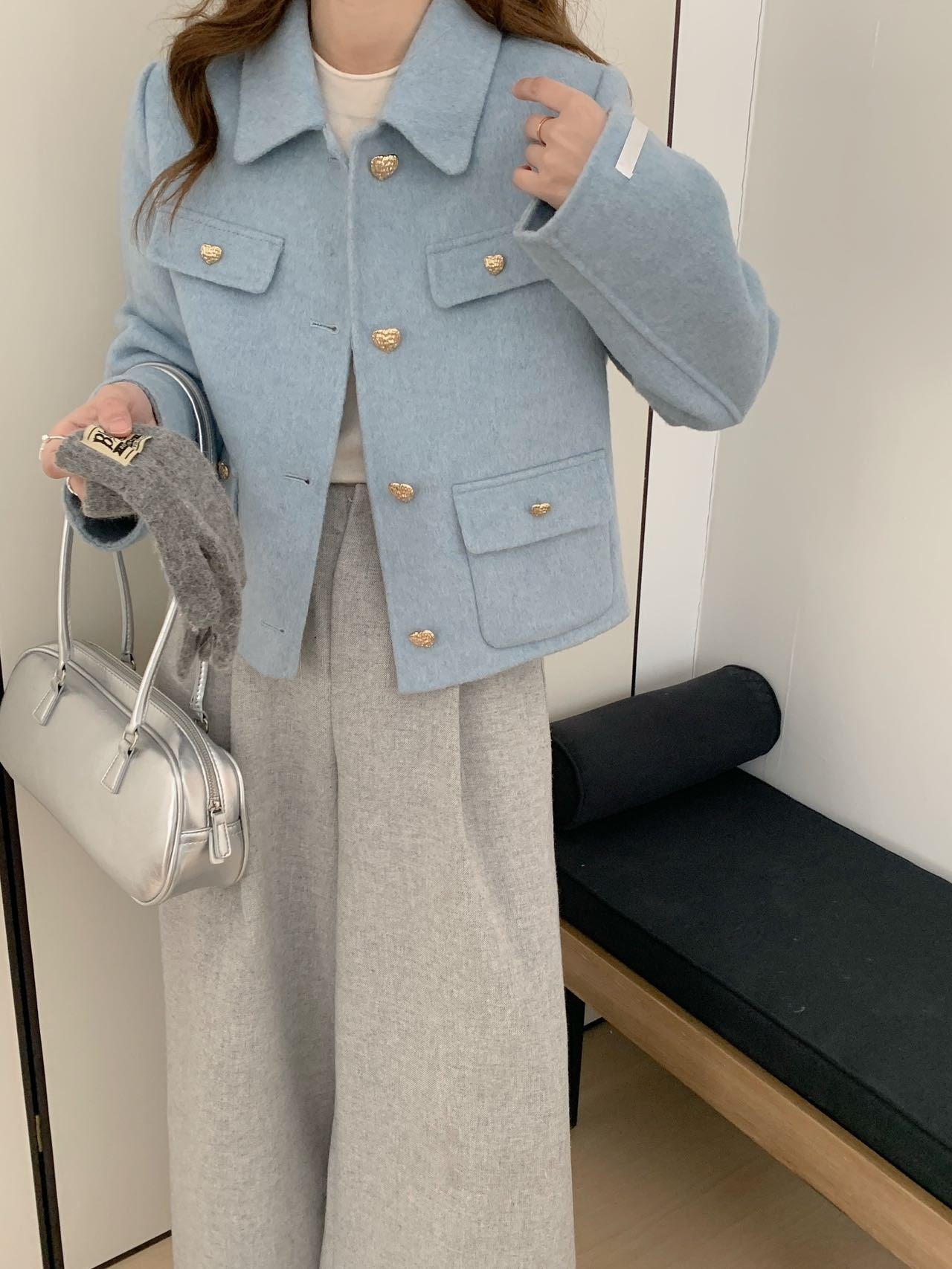 2025 Xiaoxiangfeng solid color lapel single-breasted short double-sided wool coat woolen jacket high-end women's metal buttons