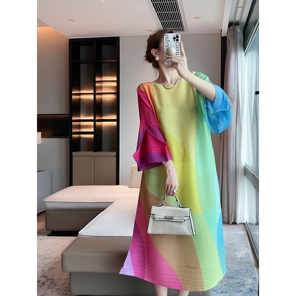 autumn Miyake new fashionable geometric printing pleated dress loose cover flesh and thin temperament long dress women
