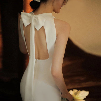 2025 Fish tail light wedding dress temperament thin white simple welcome door yarn satin evening dress bride toast dress