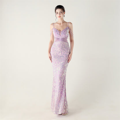 33396 # new heavy industry beaded mid-waist beaded fishtail evening dress, red carpet wedding banquet dress