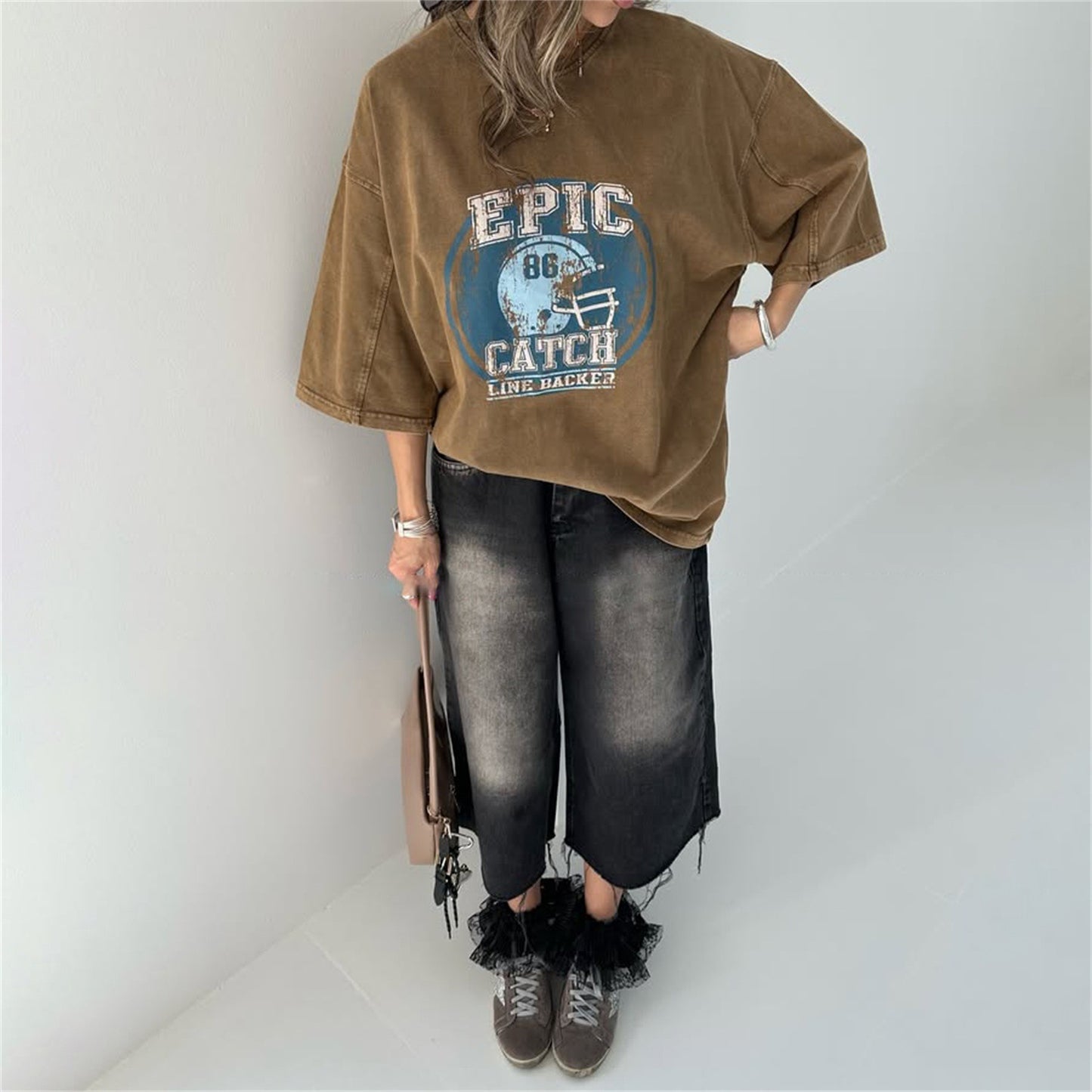 high street trend fashion old wash water printing T-shirt versatile seven-quarter sleeve top loose oversize women