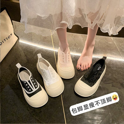 flowersverseNew Chinese Style Canvas Shoes for Women Slip-on  Summer New Ugly and Cute Big Head Platform White Shoes All-Matching Sneakers