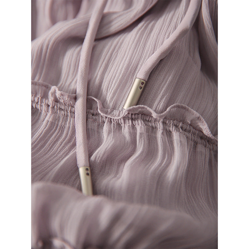 2025 Mulberry silk inside and outside, smoked purple silk dress, pleated lace-up swing dress  summer new women's clothing