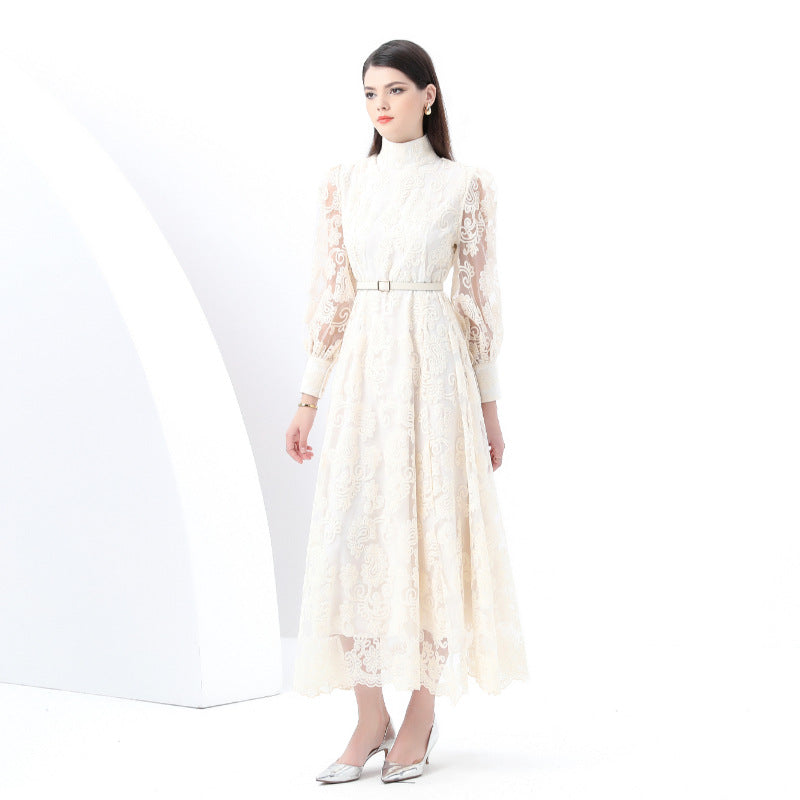Early Spring - Court Style Lantern Sleeve High Neck Embroidered Wide Swing Long Dress