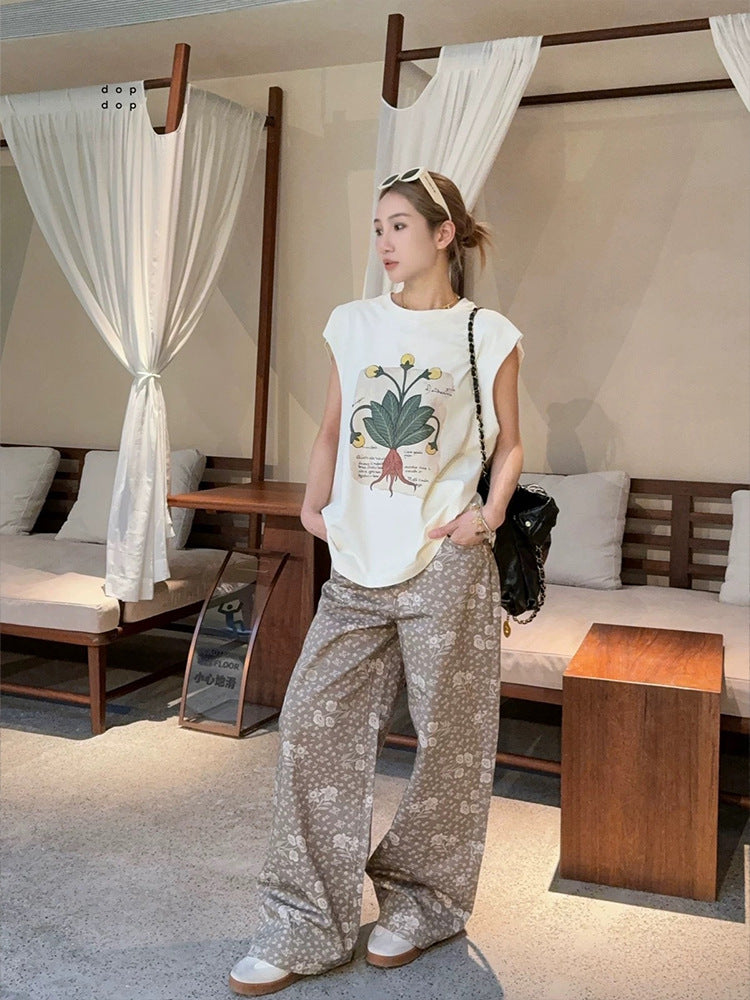 Siyuan high-end temperament cotton flower printing wide-leg pants women's 25 spring and summer comfortable loose casual straight trousers
