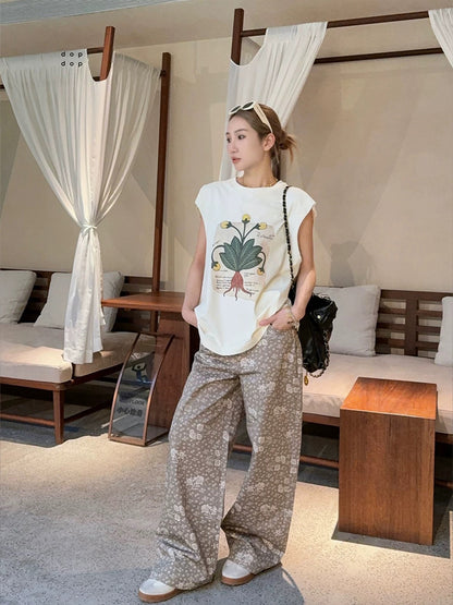 Siyuan high-end temperament cotton flower printing wide-leg pants women's 25 spring and summer comfortable loose casual straight trousers