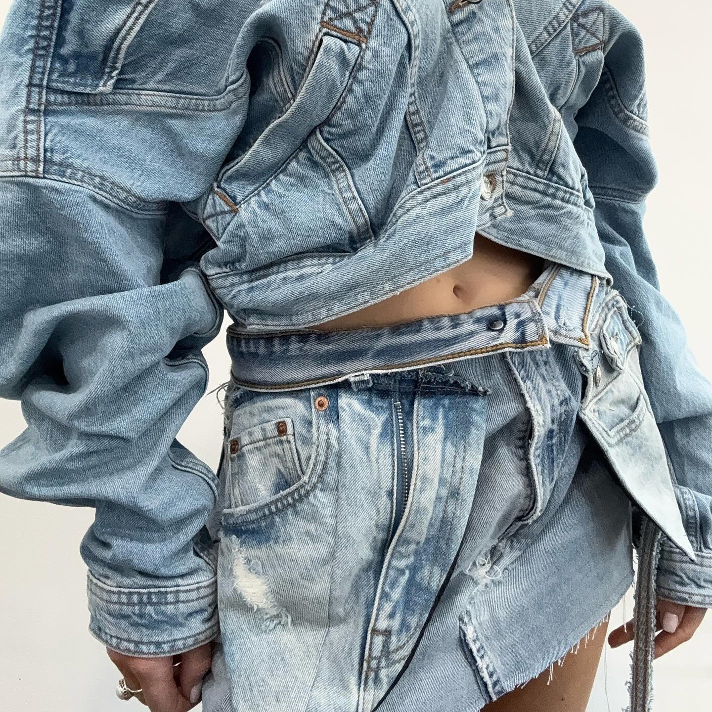 design sense niche street style hot girl hanging neck open button loose top irregular short skirt denim suit women