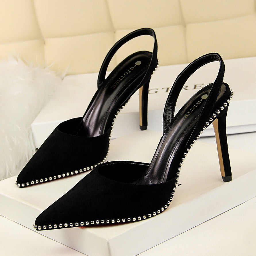 2025 313-2  style sexy nightclub showing thin high heel suede light mouth hollowed out rear tripple rivet pointed women's sandals