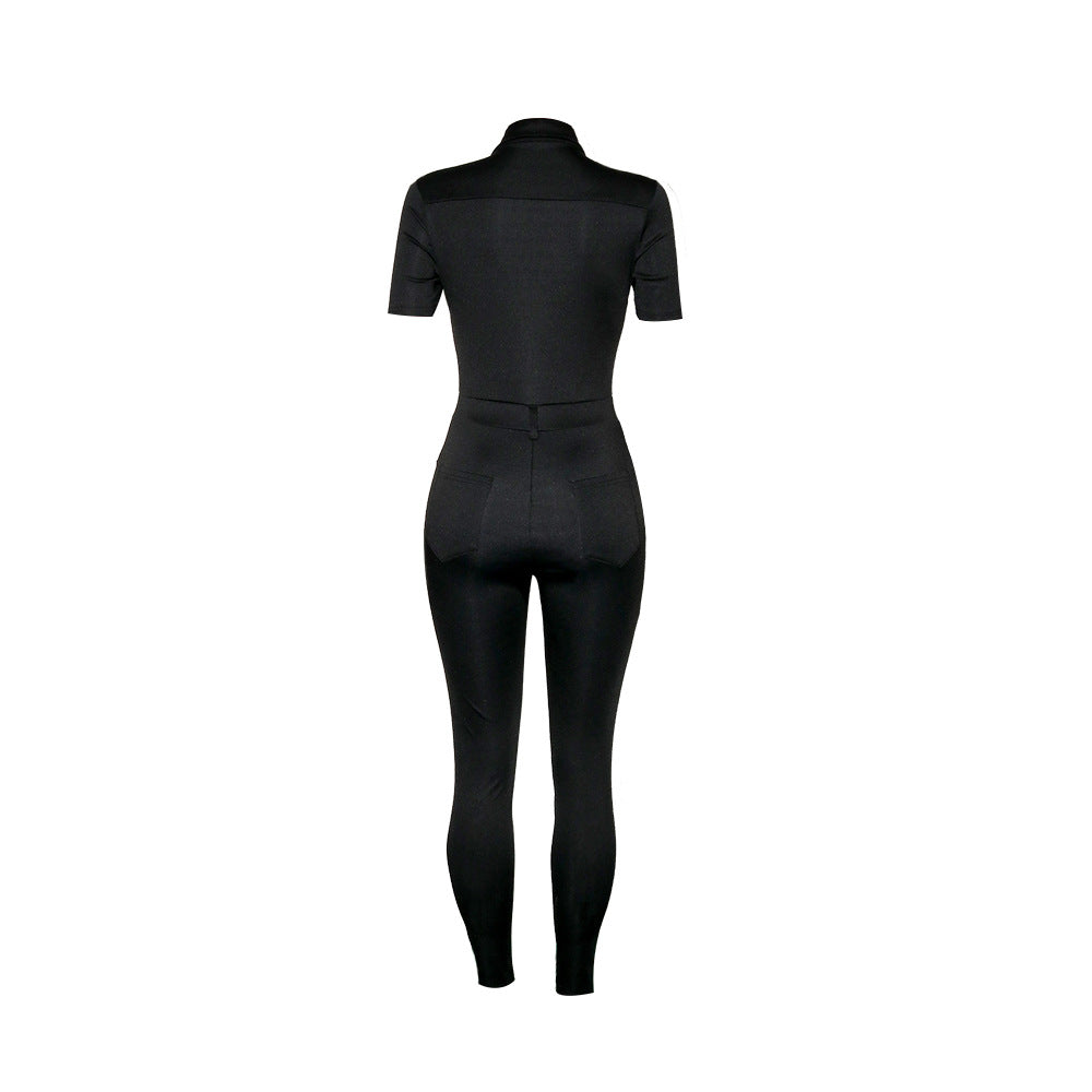 FLOWERSVERSE  S390172  Foreign Trade European and American Women's Clothing Casual Solid Color Polo Collar Short Sleeve Single-Breasted One-Piece Trousers for Women