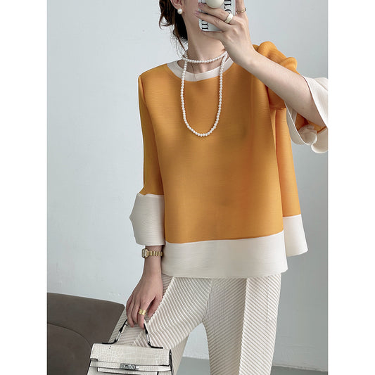 Miyake  summer new round neck color matching lantern sleeves loose pleated top femininity thin versatile T-shirt