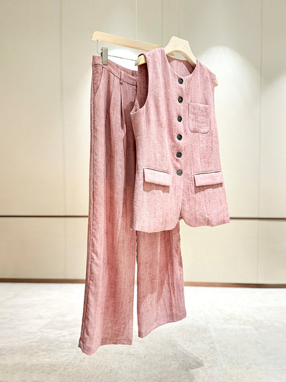 2025 Pink linen fashion Popularan goods  spring and summer suit vest vest wide leg pants temperament commuter two-piece trousers