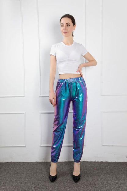 FLOWERSVERSE  Cross-Border New Arrival Casual Sports Street Hip Hop Party Shiny Colorful Trousers Hologram Laser Loose Women's Pants