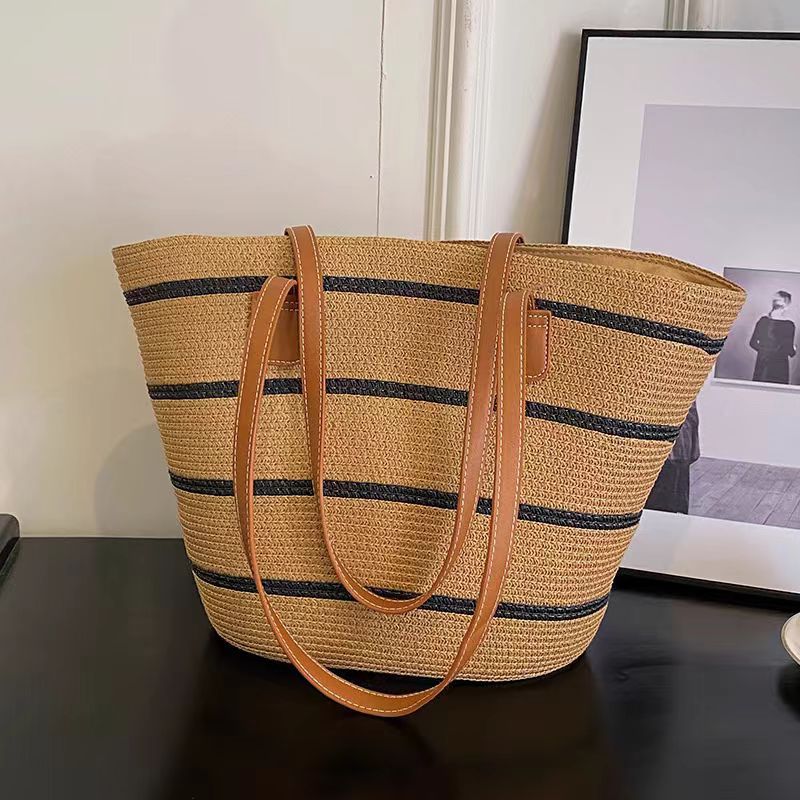 FLOWERSVERSE  Straw Bag Women's Summer Seaside Tote Bag Large Capacity Woven Shoulder Bag Rattan Woven Straw Bag Vegetable Basket Bucket Bag Fashion