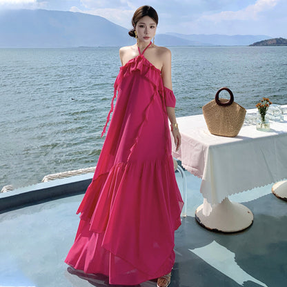 2025 Sanya seaside vacation beach dress pure desire wind sexy backless neck hanging photo exquisite fairy long dress suspender