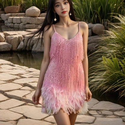 FLOWERSVERSE 2025 Hot Trade Cross-border Fashion Tassel Sequin Party Sexy V-Neck Suspender Feather Splicing Dress Dress