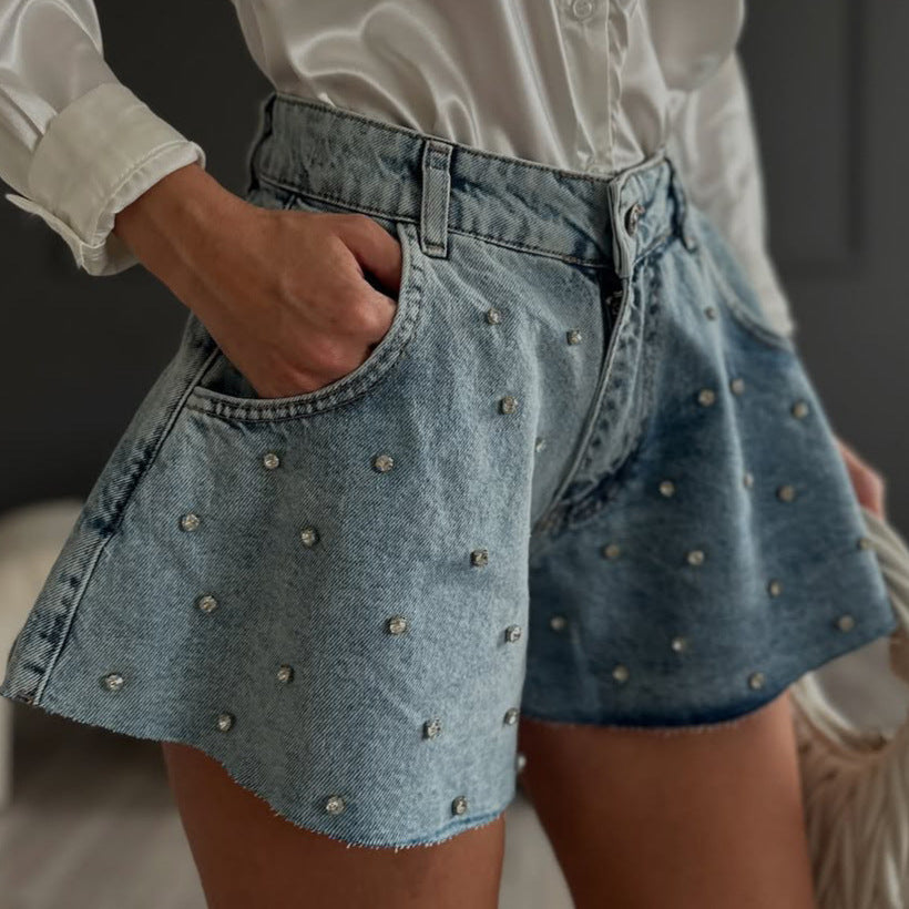 Spring new riveted denim shorts women's curling edge personality fashion and thin small hot pants Spice girl trendy brand