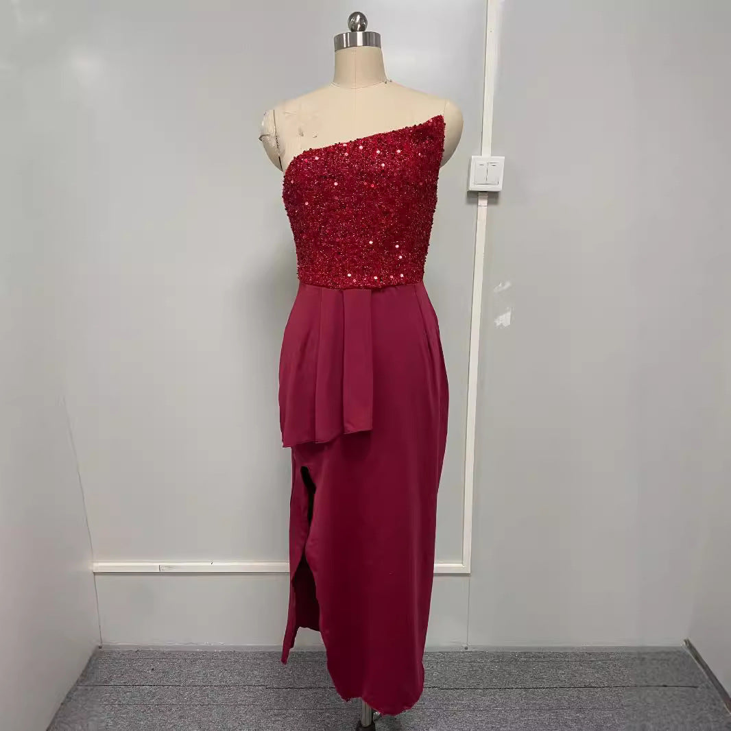 FLOWERSVERSE 2025 New Popular trade new red sequined fairy long sleeveless fashion body temperament medium and long evening dress