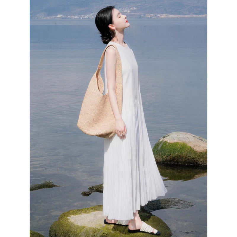 high-end temperament white sleeveless vest skirt travel dress women's summer seaside vacation super fairy long dress