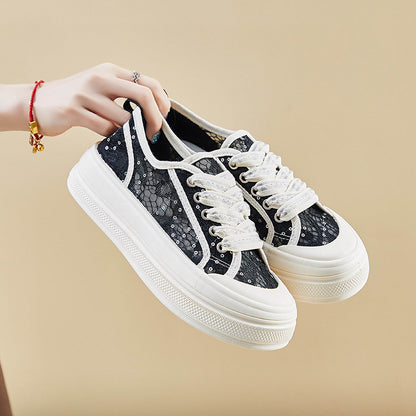 flowersverseLace Breathable Mesh Canvas Shoes for Women Summer  New Sequins with Skirt Pumps Thick-Soled Casual Sneakers Women