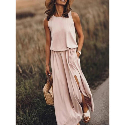 FLOWERSVERSE Cross-border new summer  2025 women's clothing  round neck sleeveless solid color medium and long swing dress