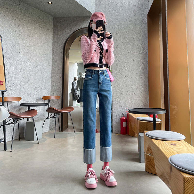 2025 high-end summer new jeans, medium blue elastic nine-point pants, high-rise and thin high-waisted straight-leg pants