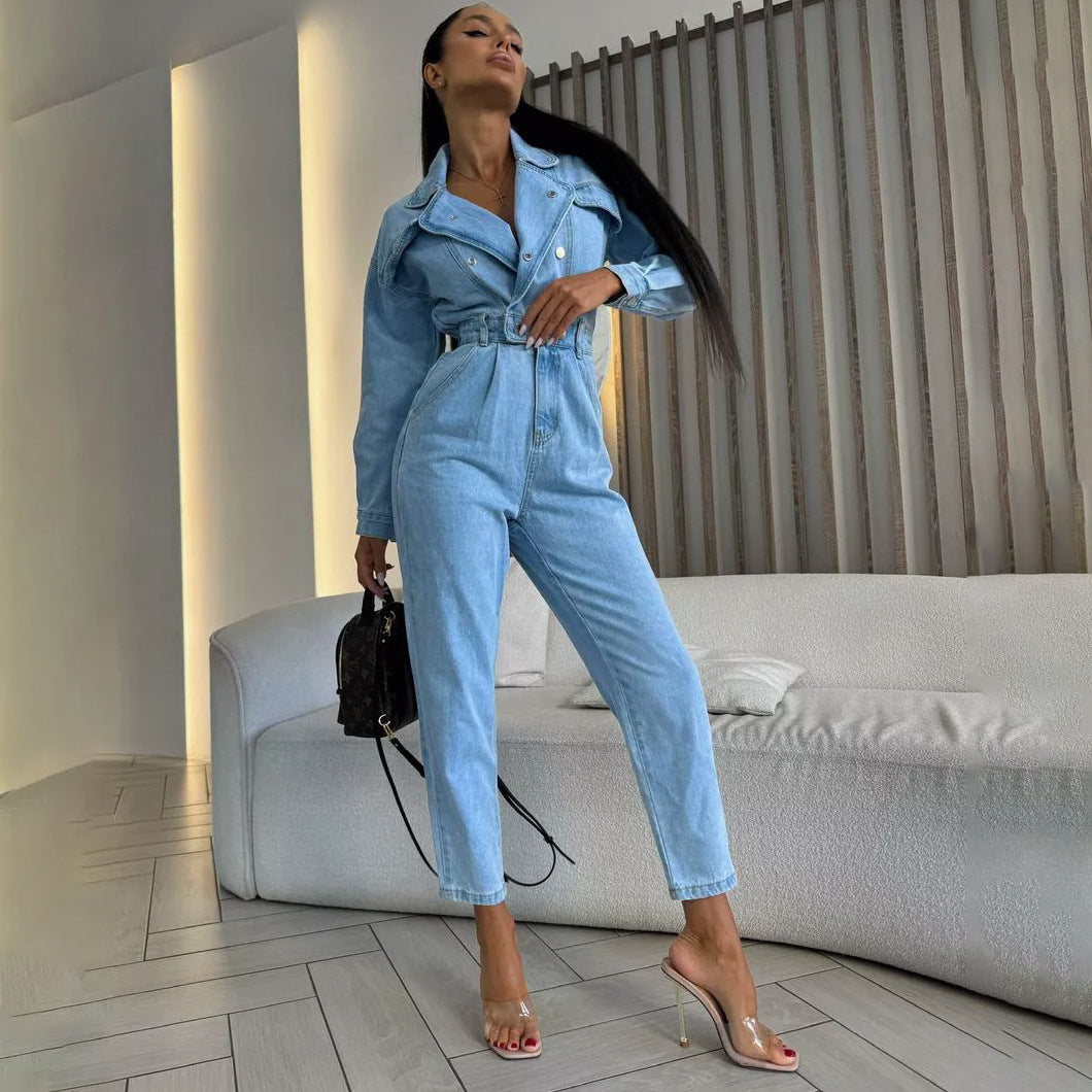 Autumn jumpsuits women's high-end drape solid color jumpsuit jeans, suit collar waist fashion Spice girl feeling